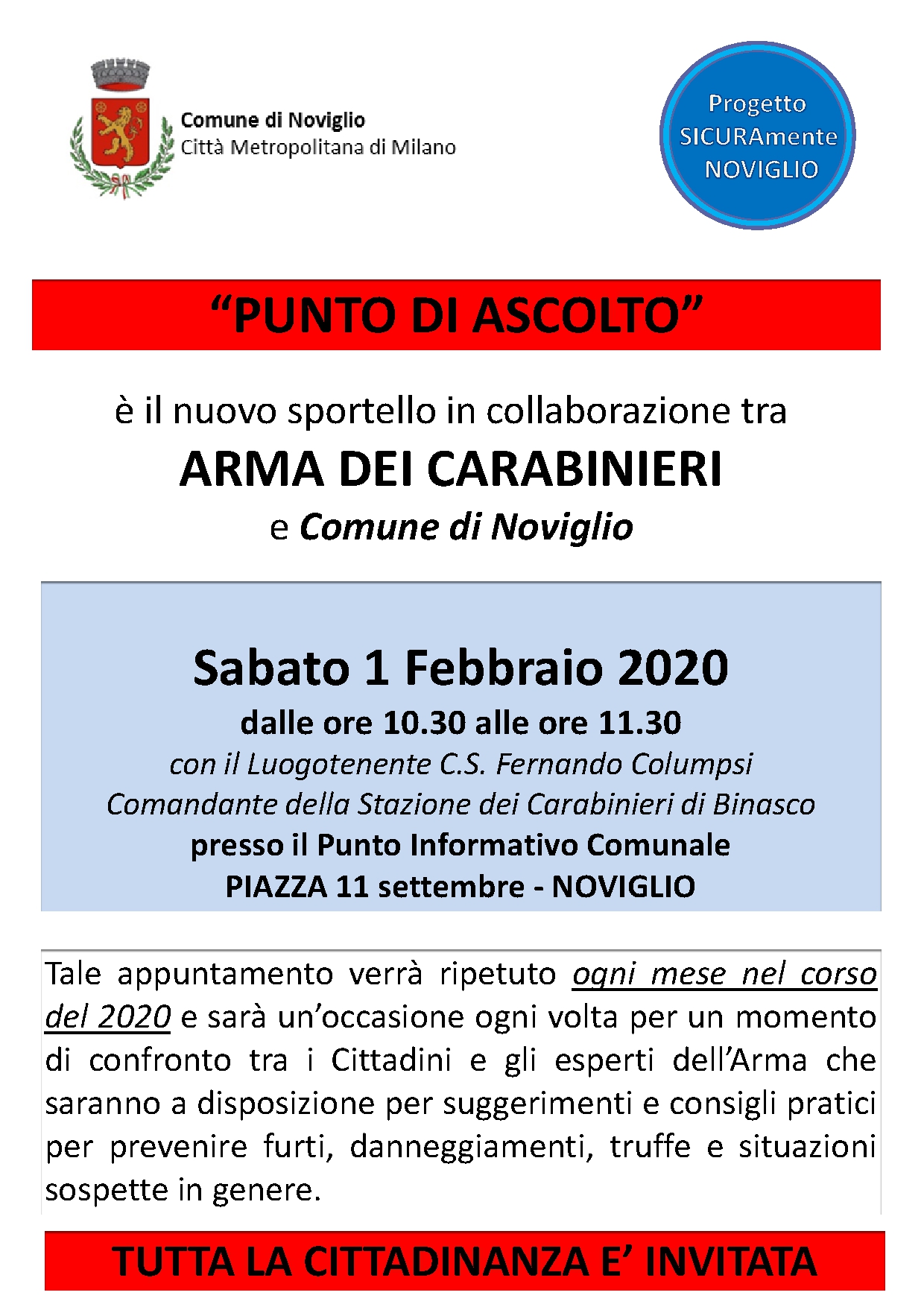 Punto d'ascolto in collaborazione con l'arma dei carabinieri 