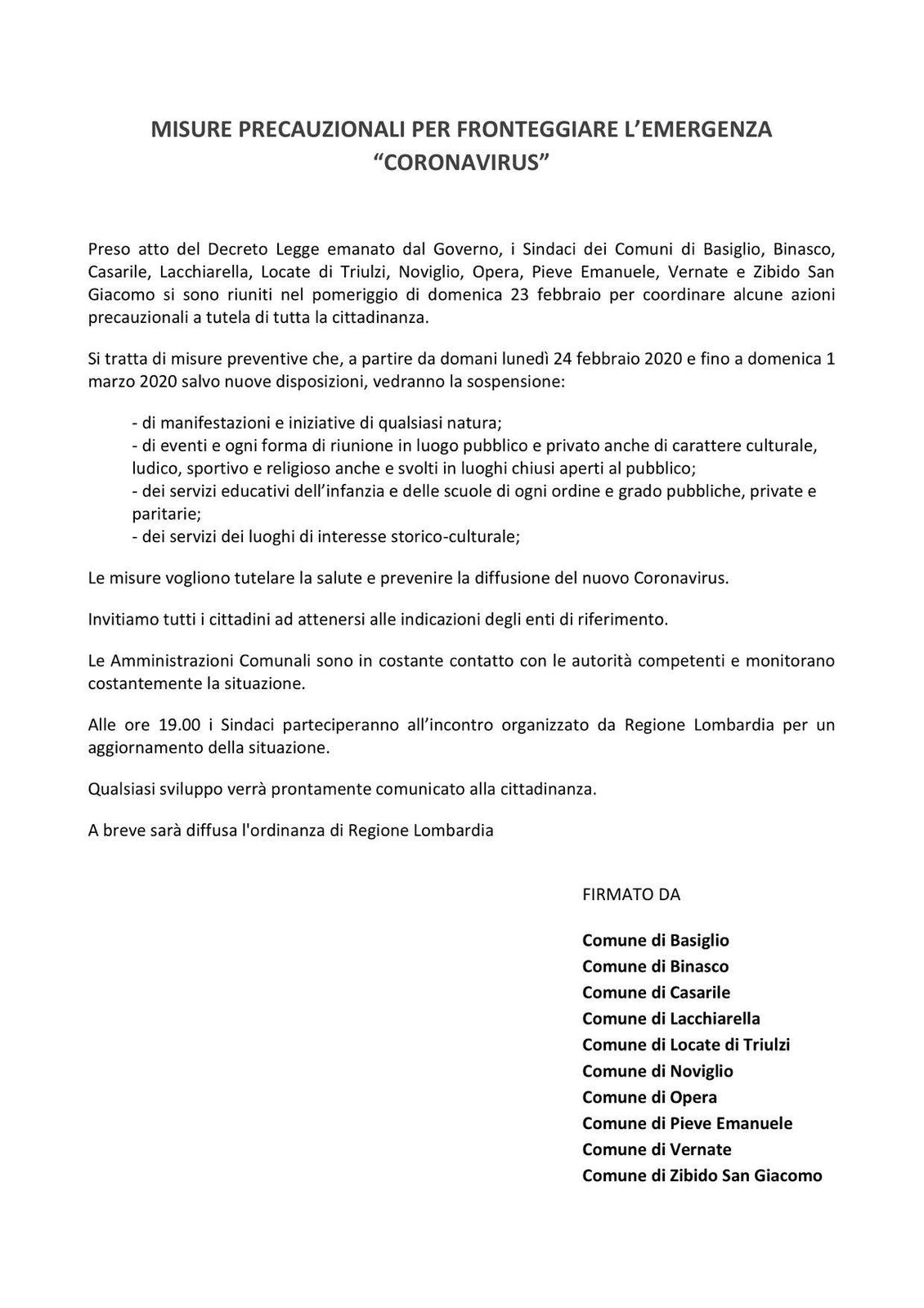 Coronavirus: MISURE PREVISTE PER I PROSSIMI GIORNI IN REGIONE LOMBARDIA VALIDE ANCHE PER IL NOSTRO COMUNE.    