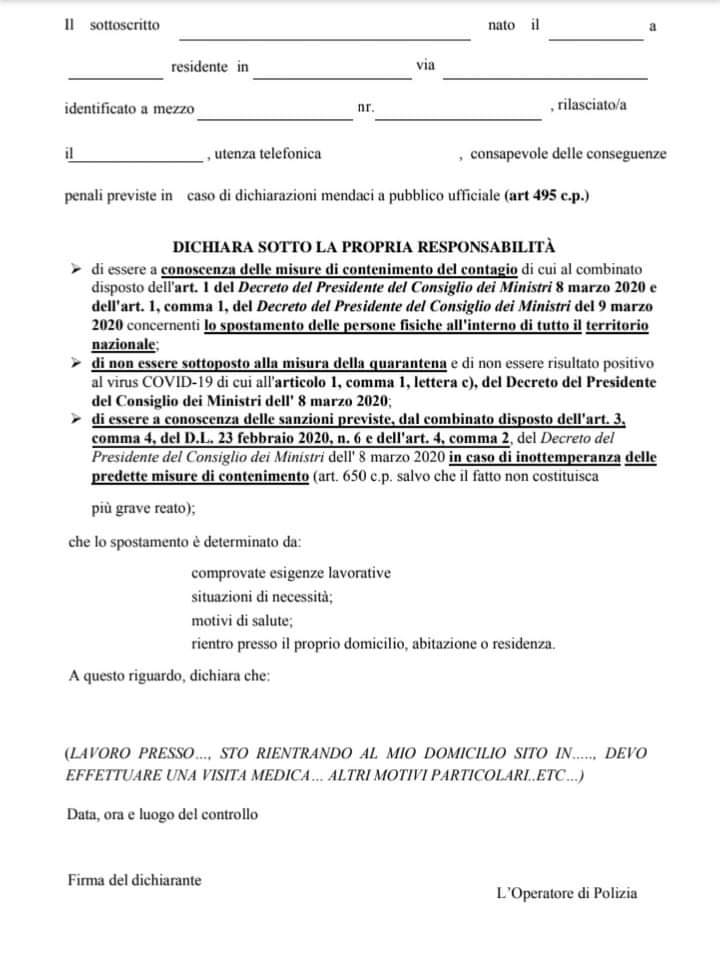 #coronavirus:nuovo modello di autodichiarazione