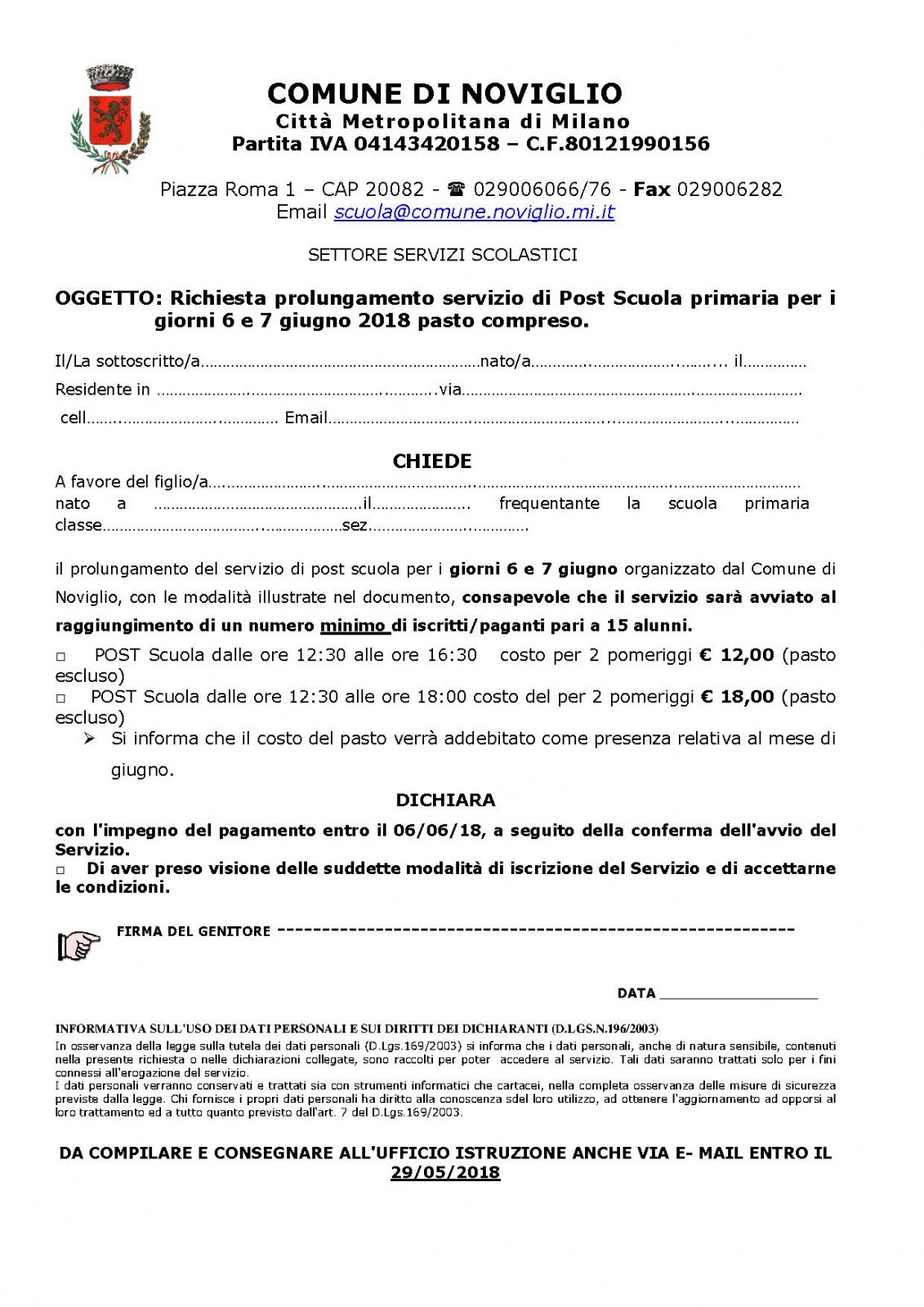 avviso- prolungamento del post scuola per i giorni 6 e 7 giugno/2018