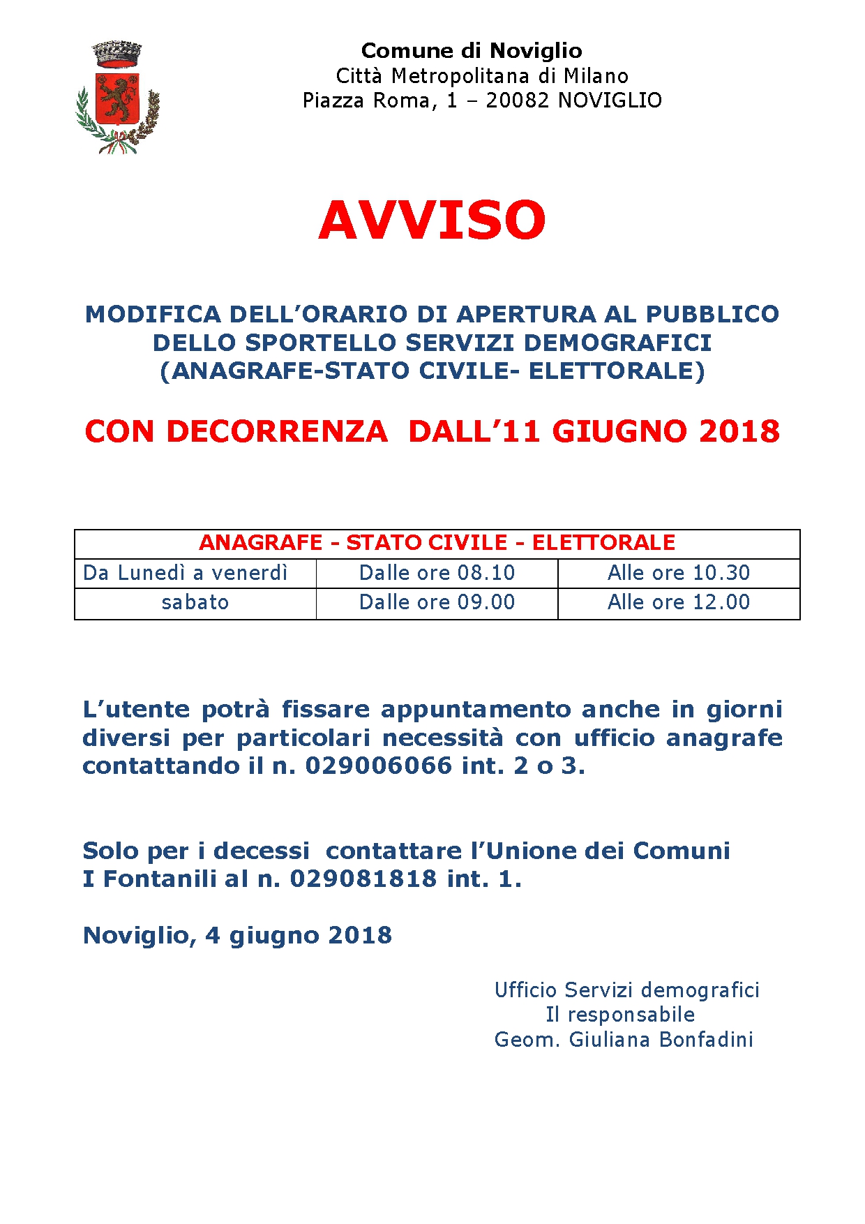 Modifica orario apertura sportello  Servizi demografici