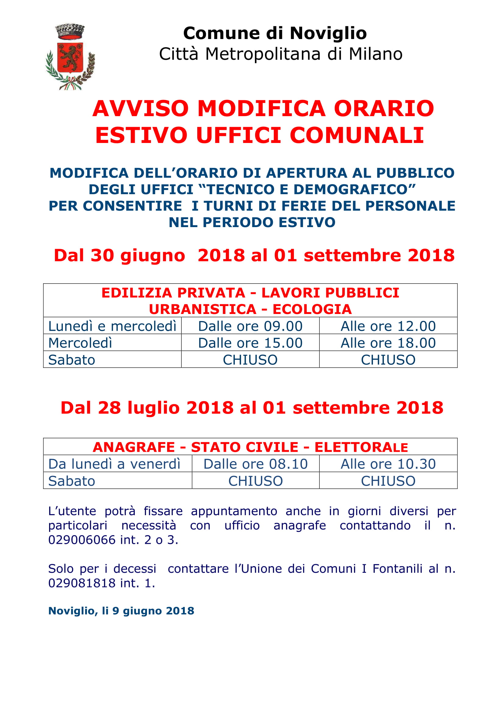 Modifica orario estivo uffici comunali