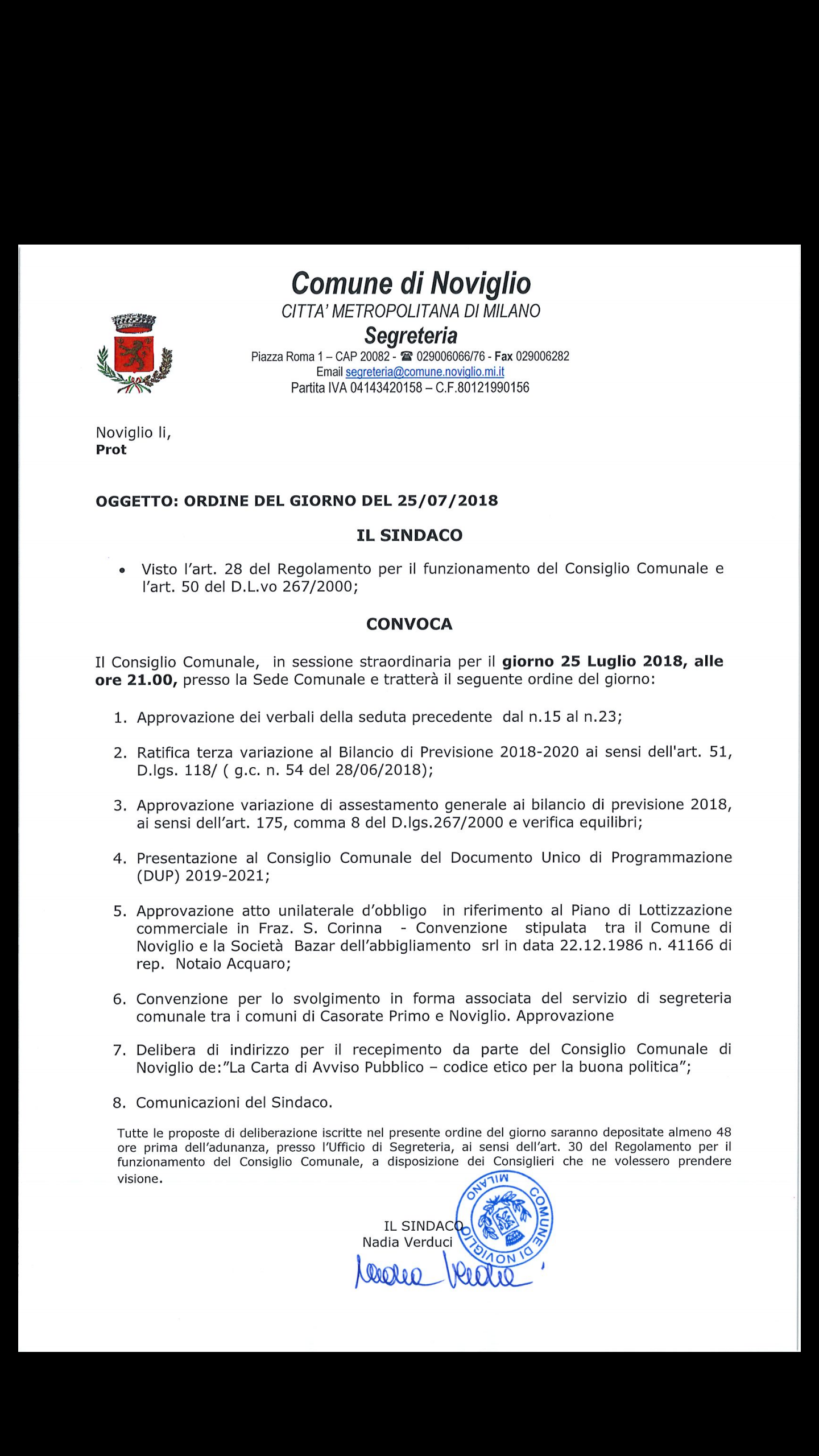 Ordine del giorno Consiglio Comunale 25 luglio 2018 ore 21