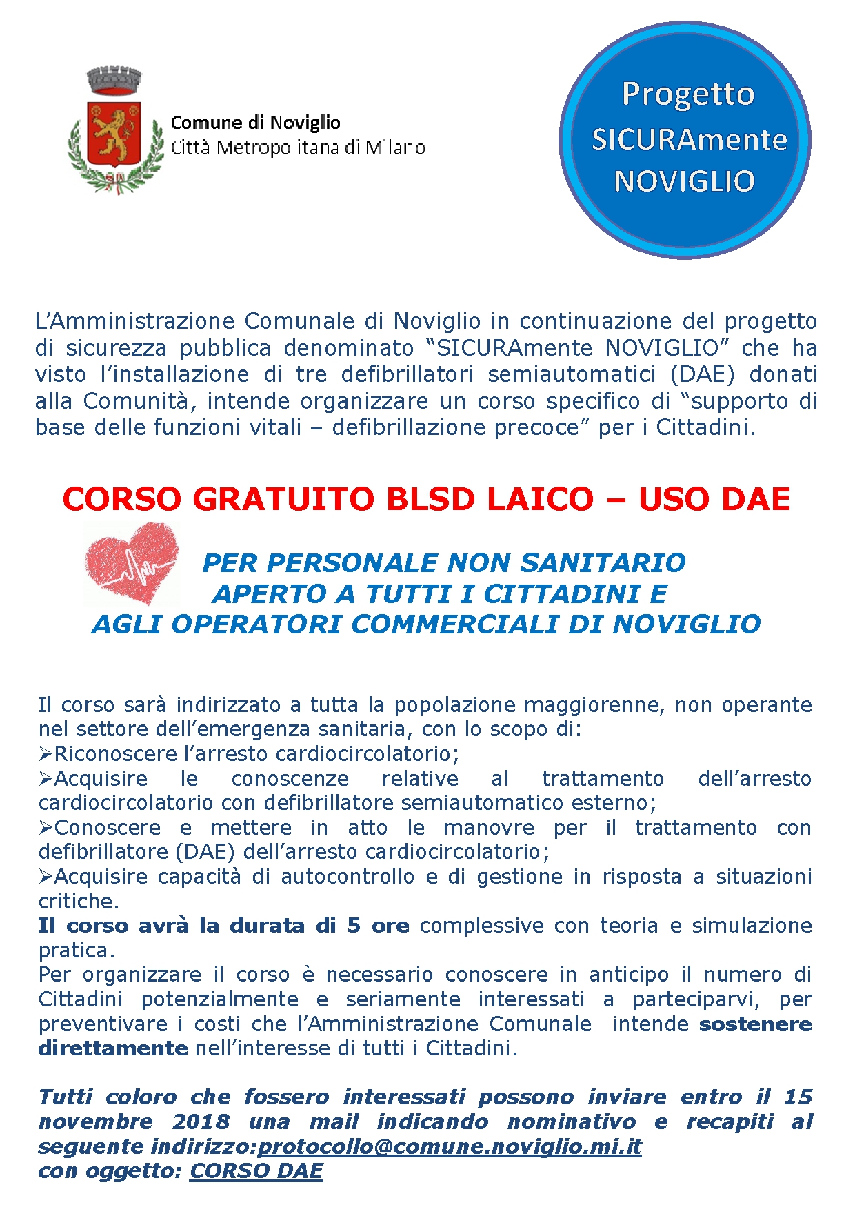 Raccolta preadesioni al Corso per l'uso di defibrillatori semiautomatici (DAE)