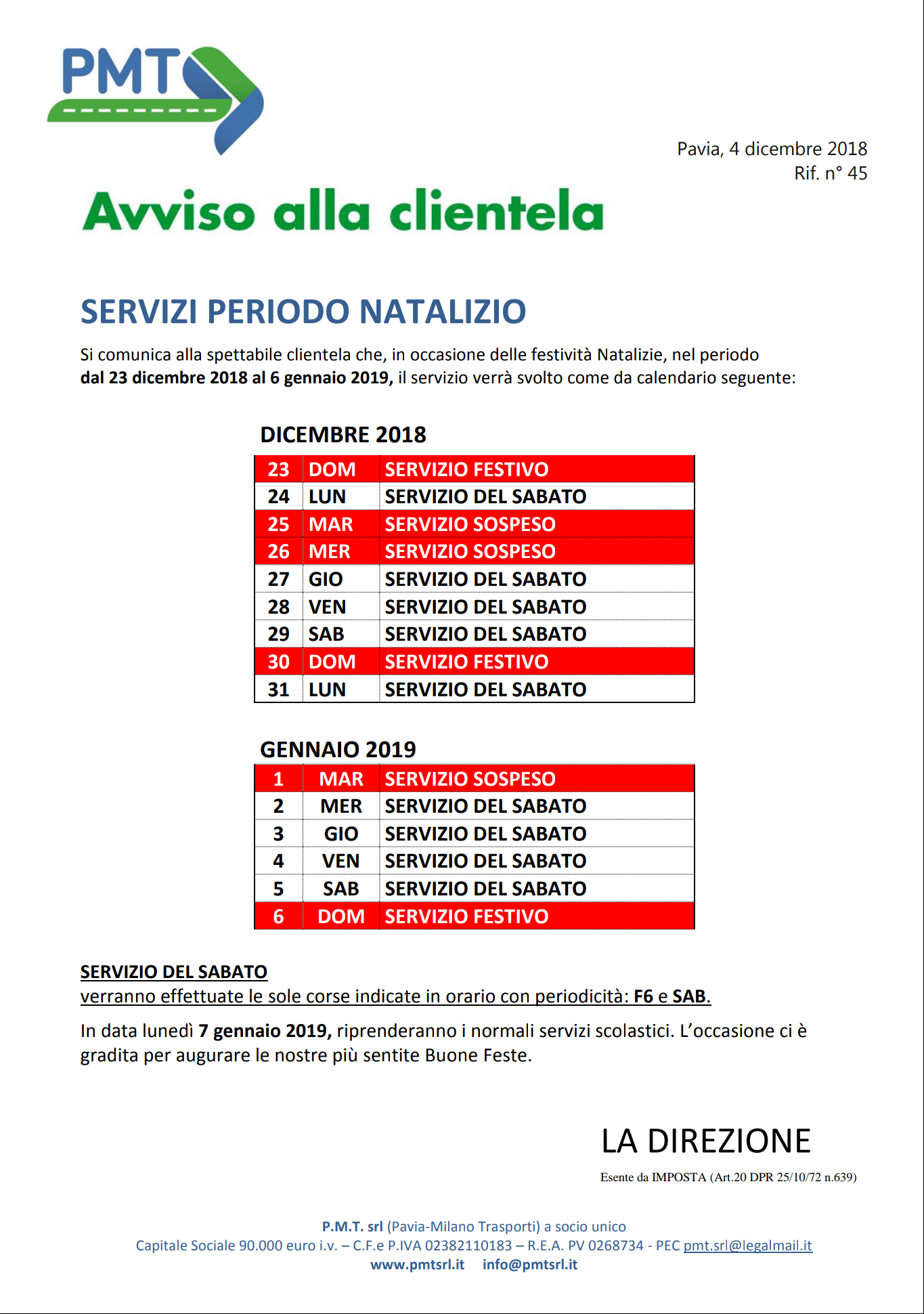 Servizio di trasporto pubblico PMT durante le festività Natalizie