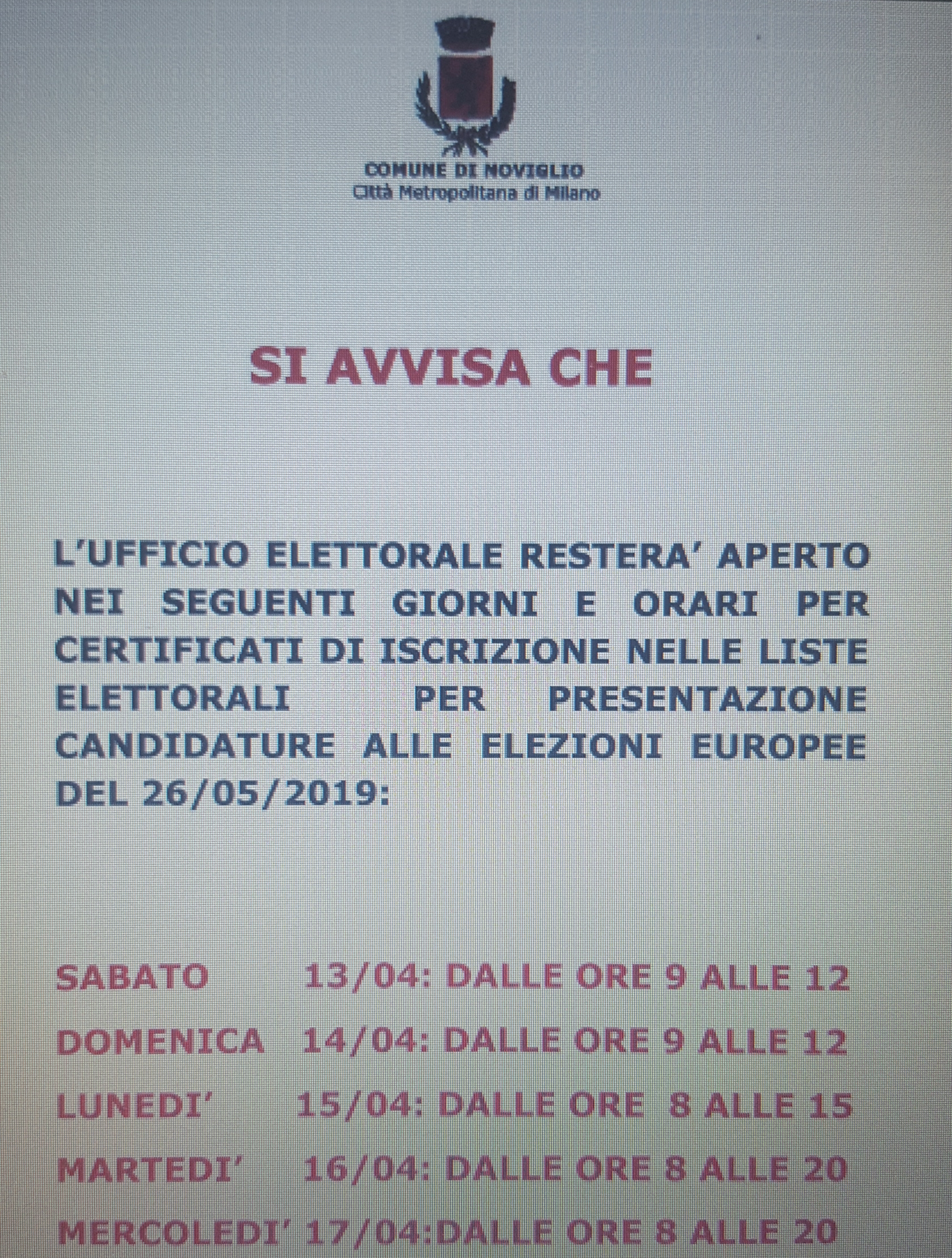 Apertura uffici per elezioni europee