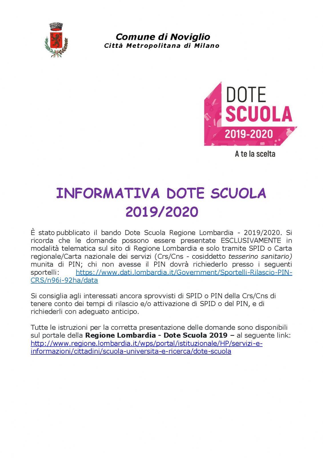 dote scuola 2019/2020