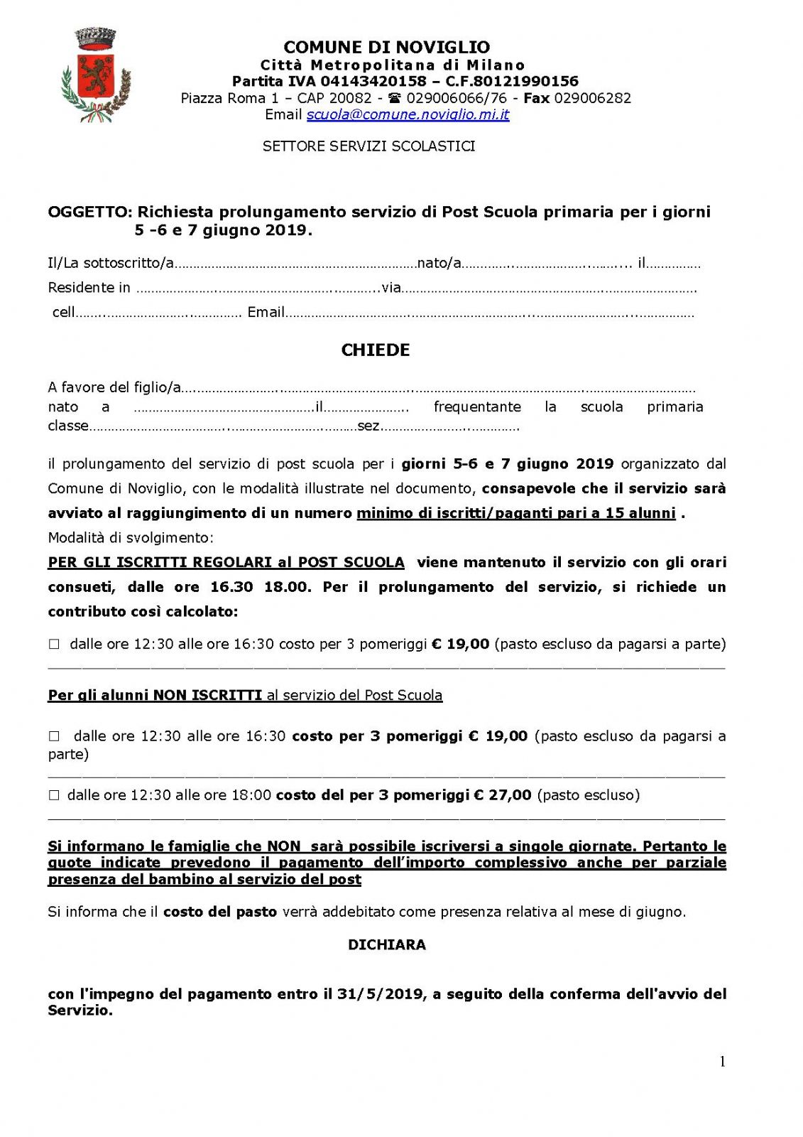 avviso prolungamento servizio di post scuola  primaria per i giorni 5-6 e 7 giugno/2019