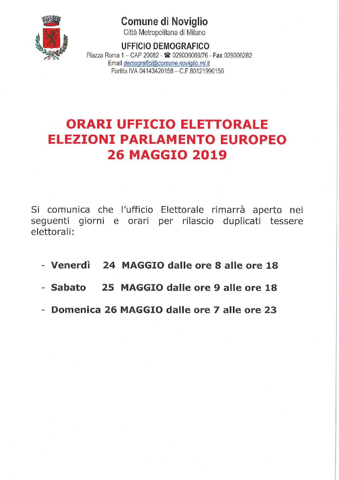 Aperture straordinarie Ufficio  Elettorale