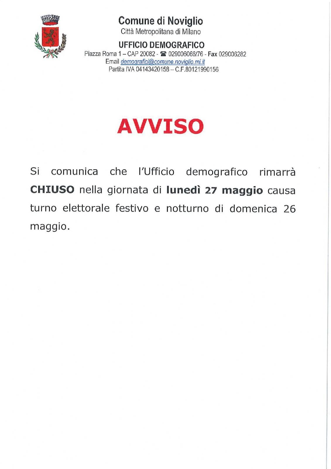 chiusura ufficio Anagrafe Elettorale