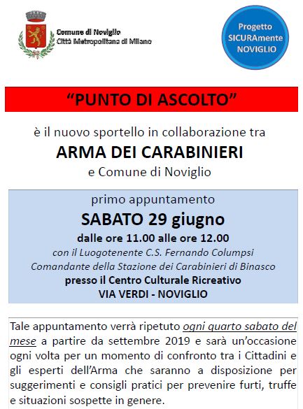 Nuovo sportello "Punto di ascolto" in collaborazione con l'Arma dei Carabinieri.
